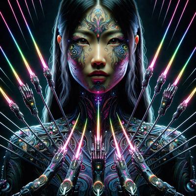The primary subject of the image is a woman with a unique and intricate tattoo design on her face. The setting is a futuristic environment, with the woman surrounded by a multitude of neon lights. The visual style is a digital art or illustration, showcasing the woman's striking appearance. The colors and mood of the image are vibrant and bold, with the neon lights adding a sense of energy and excitement to the scene.